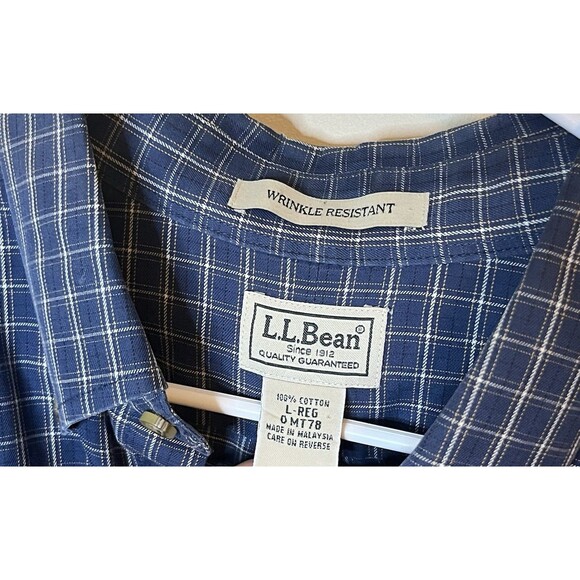LL Bean Mens Large Regular Wrinkle Free Blue Plaid Long Sleeve Button Up Shirt - Picture 2 of 6